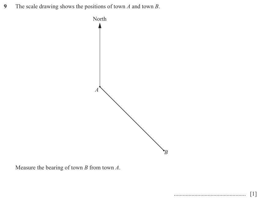 IGCSE Mathematics 0580 May/June 2023 Paper 12 Question 9 – Trigonometry, Three-figure bearings, 1 marks