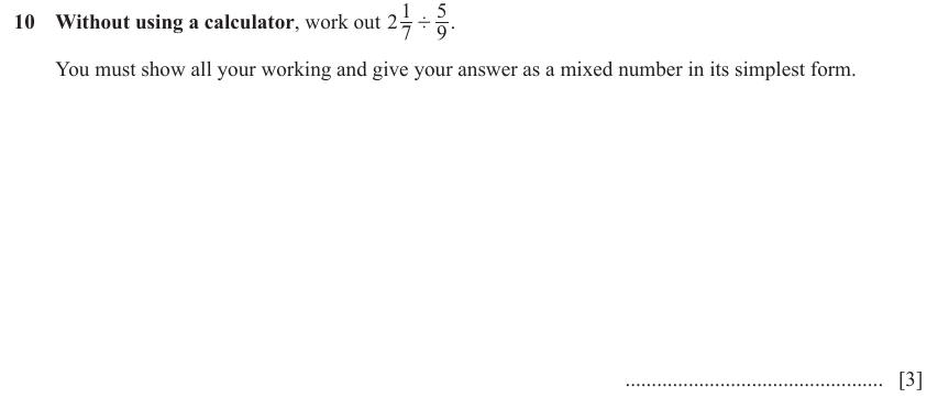 IGCSE Mathematics 0580 May/June 2023 Paper 21 Question 10 – Numbers, Operations with fractions (non calculator), 3 marks
