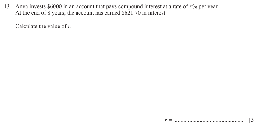 IGCSE Mathematics 0580 May/June 2023 Paper 21 Question 13 – Numbers, Simple and compound interest, 3 marks