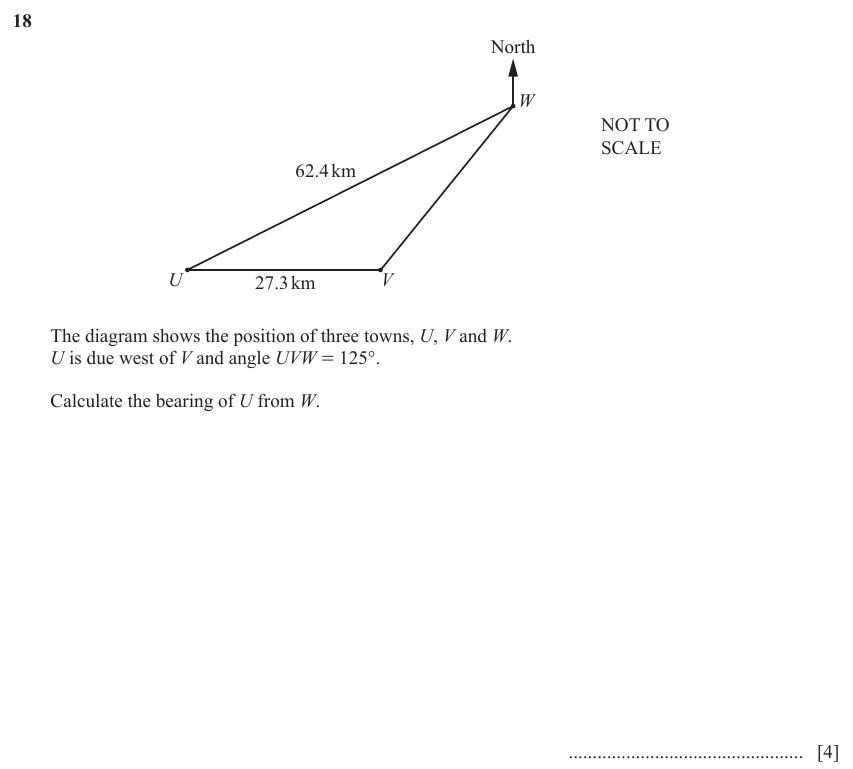 IGCSE Mathematics 0580 May/June 2023 Paper 21 Question 18 – Trigonometry, Three-figure bearings, 4 marks