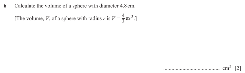 IGCSE Mathematics 0580 May/June 2023 Paper 21 Question 6 – Mensuration, Perimeter, Area and Volume, 2 marks