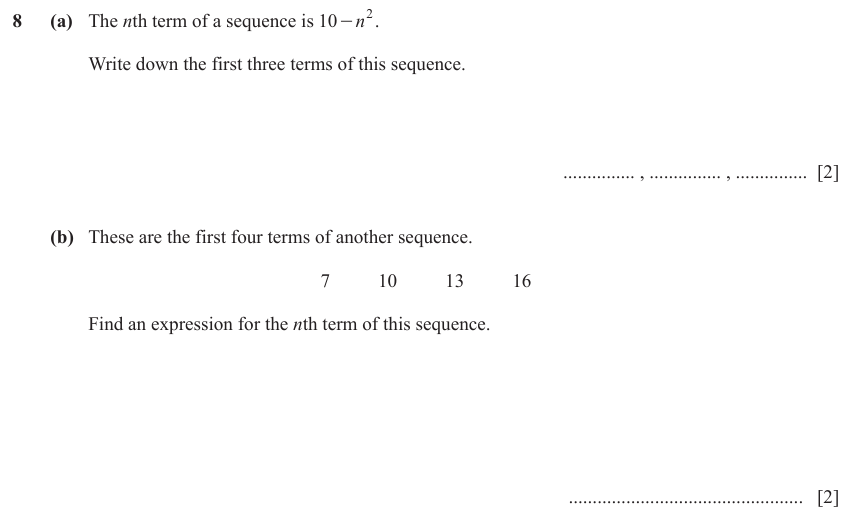 IGCSE Mathematics 0580 May/June 2023 Paper 21 Question 8 – Algebra, Sequences, 4 marks