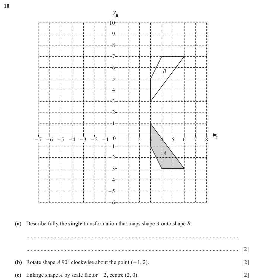 IGCSE Mathematics 0580 May/June 2023 Paper 22 Question 10 – Transformations, Transformations, 6 marks