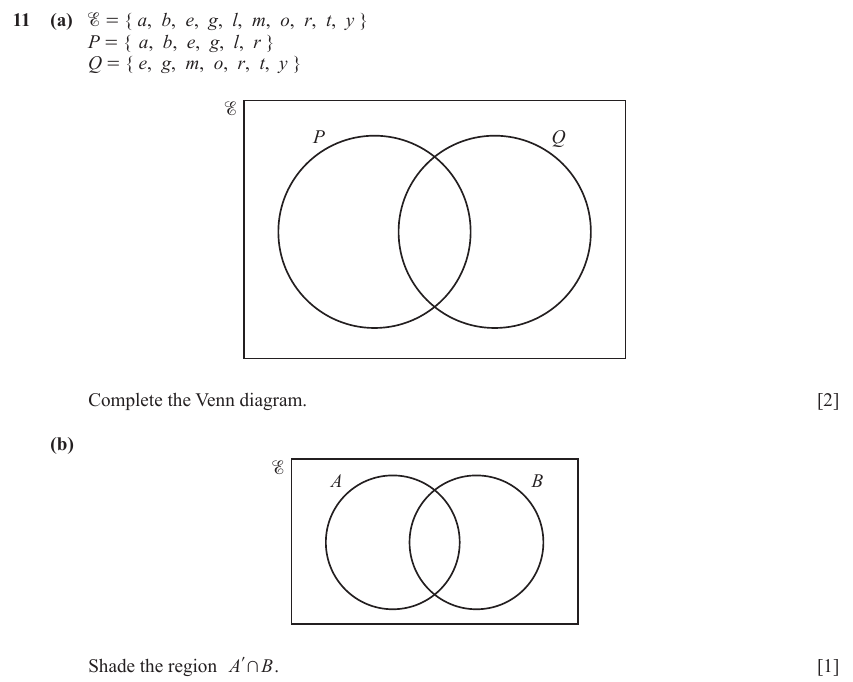 IGCSE Mathematics 0580 May/June 2023 Paper 23 Question 11 – Numbers, Sets and Venn Diagram (non calculator), 3 marks