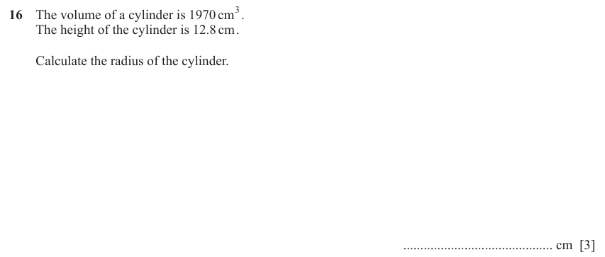 IGCSE Mathematics 0580 May/June 2023 Paper 23 Question 16 – Mensuration, Perimeter, Area and Volume, 3 marks