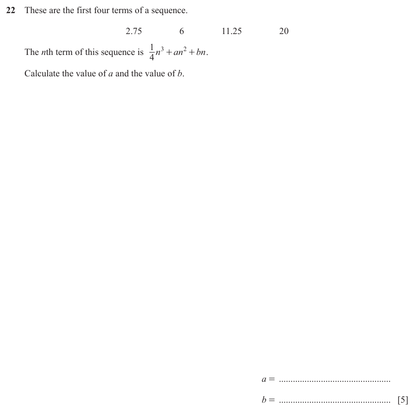 IGCSE Mathematics 0580 May/June 2023 Paper 23 Question 22 – Algebra, Sequences, 5 marks
