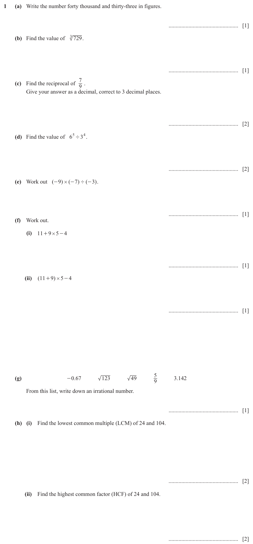 IGCSE Mathematics 0580 May/June 2023 Paper 31 Question 1 – Numbers, The four rules, 14 marks