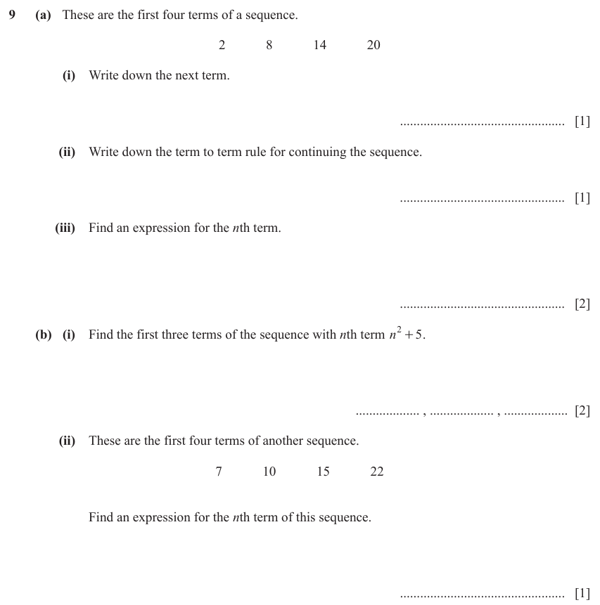 IGCSE Mathematics 0580 May/June 2023 Paper 32 Question 9 – Algebra, Sequences, 7 marks
