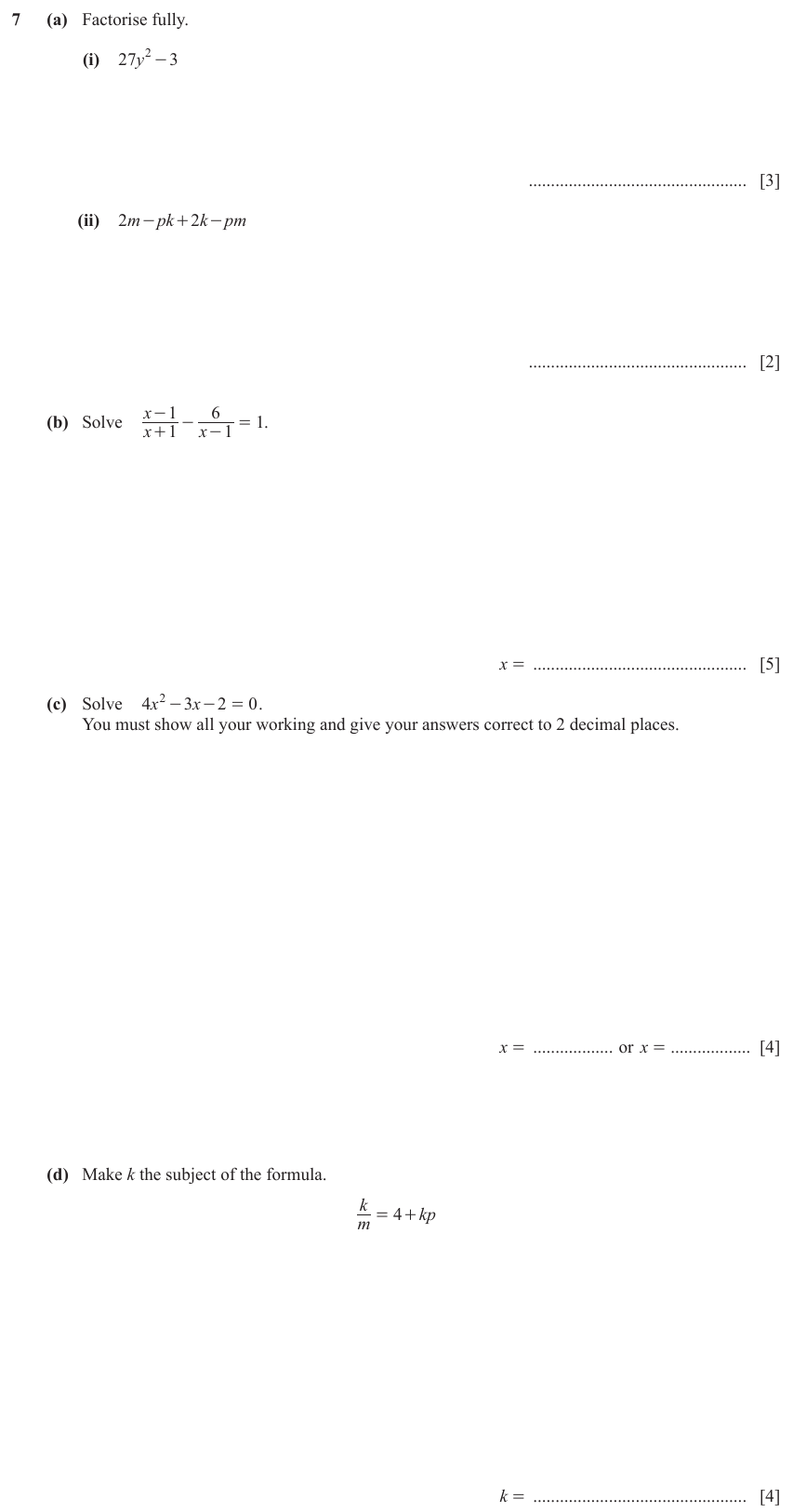 IGCSE Mathematics 0580 May/June 2023 Paper 41 Question 7 – Algebra, Factorization, 18 marks