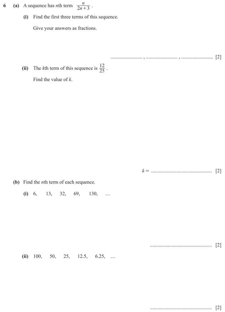 IGCSE Mathematics 0580 May/June 2023 Paper 42 Question 6 – Algebra, Sequences, 8 marks