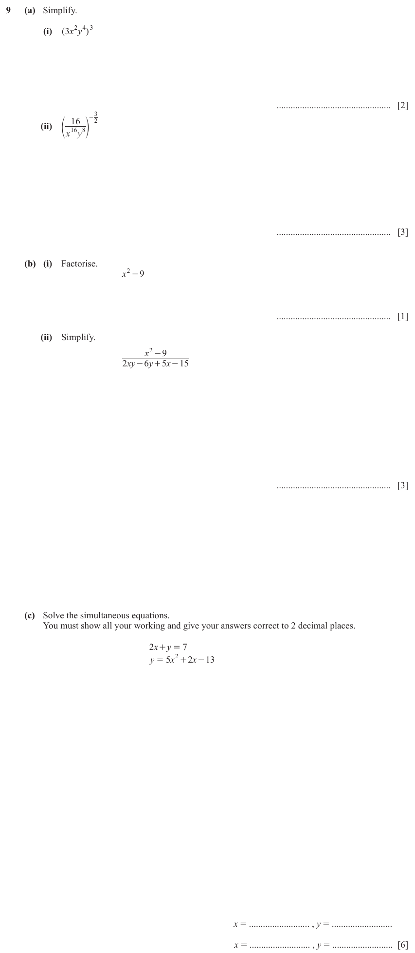 IGCSE Mathematics 0580 May/June 2023 Paper 42 Question 9 – Algebra, Basic algebra, 15 marks