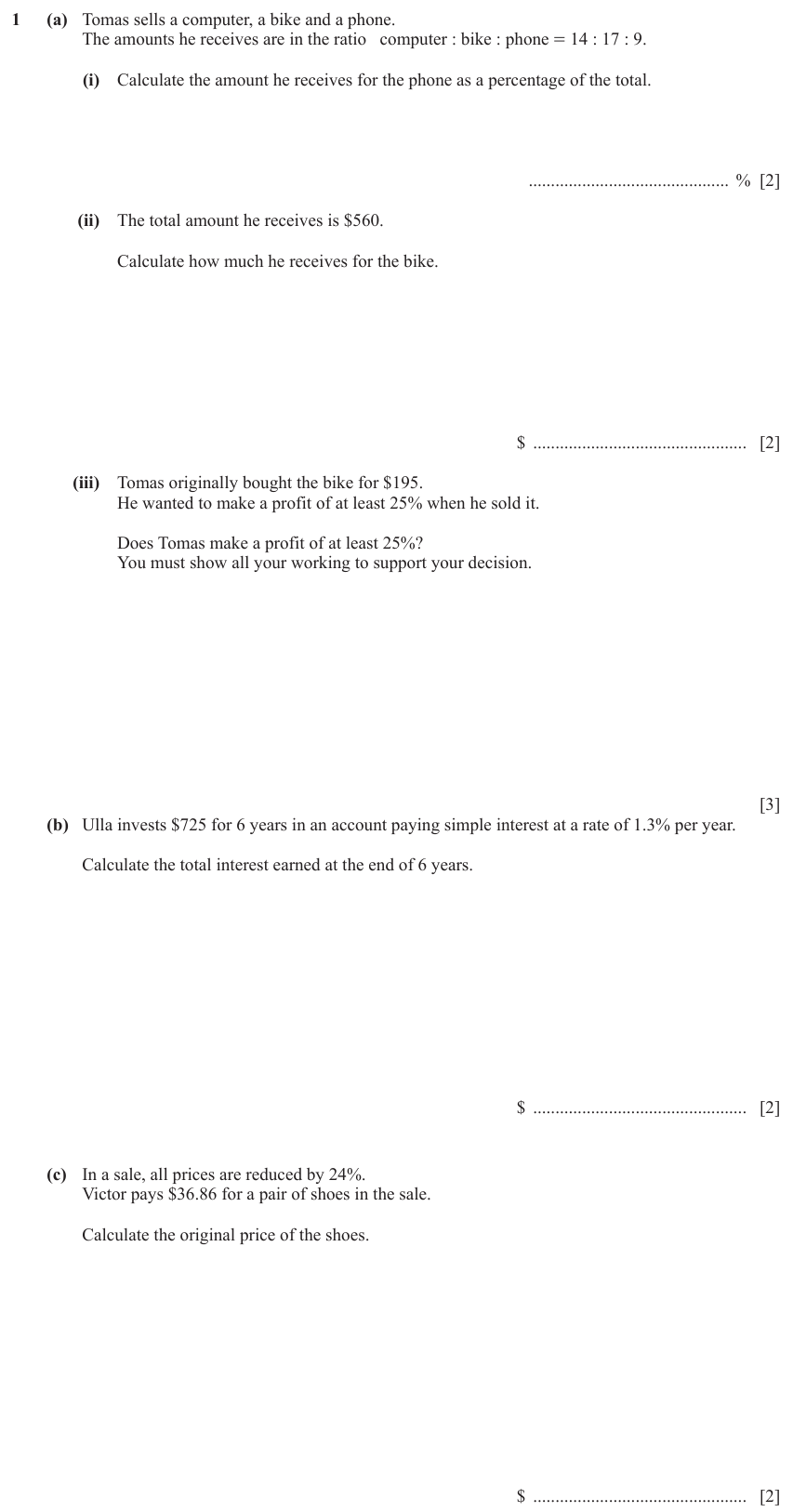 IGCSE 0580 Jun 2023 Paper 43 Question 1 — Ratio and proportion (Extended, 11 marks)
