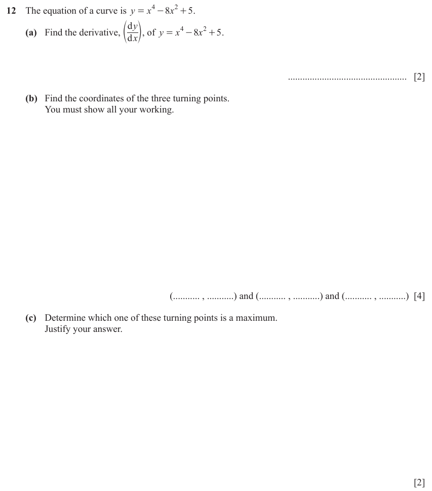 IGCSE Mathematics 0580 May/June 2023 Paper 43 Question 12 – Functions and Graphs, Calculus, 8 marks