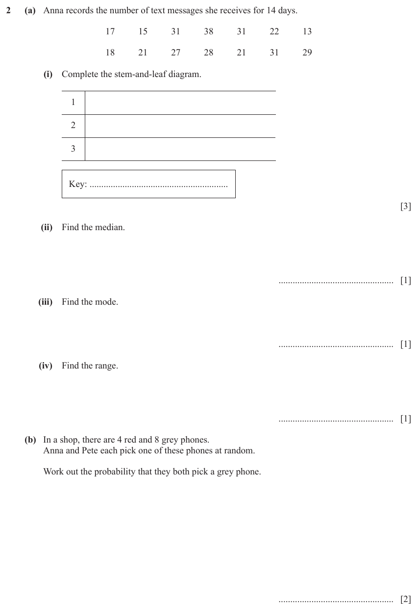 IGCSE Mathematics 0580 May/June 2023 Paper 43 Question 2 – Statistics, Averages (discrete data), 8 marks