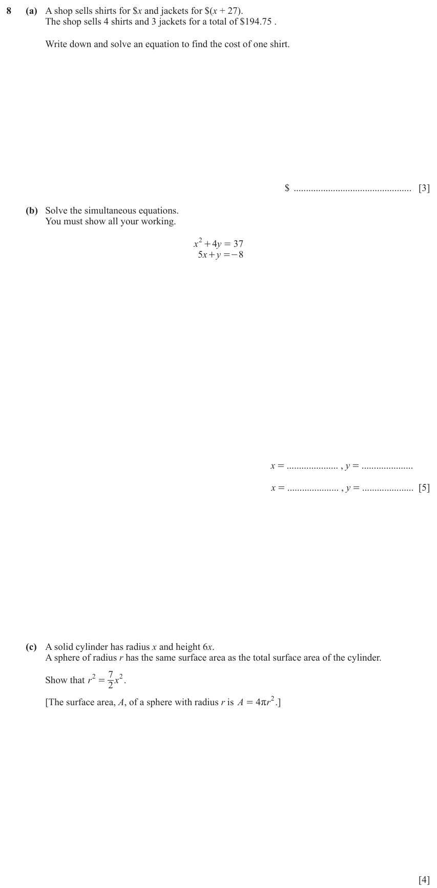 IGCSE Mathematics 0580 May/June 2023 Paper 43 Question 8 – Algebra, Basic algebra, 12 marks
