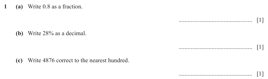 IGCSE Mathematics 0580 May/June 2024 Paper 11 Question 1 – Numbers, Fractions, decimals and percentages, 3 marks
