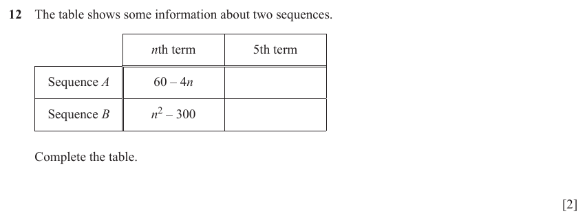 IGCSE Mathematics 0580 May/June 2024 Paper 11 Question 12 – Algebra, Sequences, 2 marks