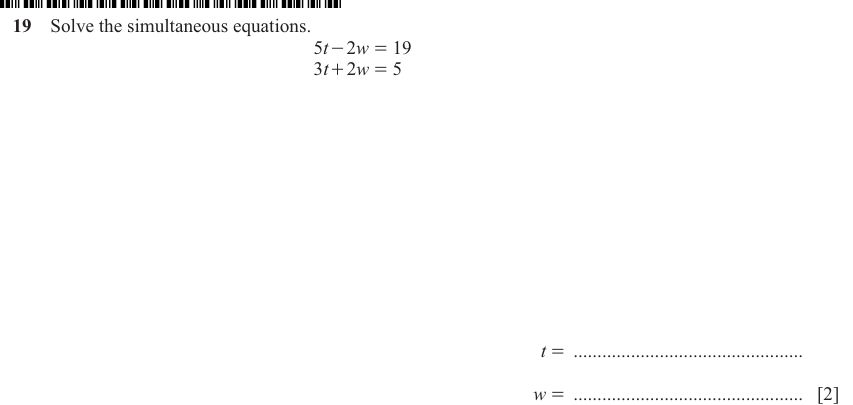 IGCSE Mathematics 0580 May/June 2024 Paper 13 Question 19 – Algebra, Simultaneous equations, 2 marks