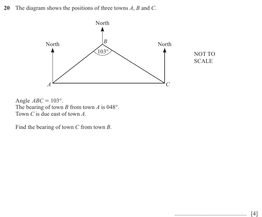 IGCSE Mathematics 0580 May/June 2024 Paper 13 Question 20 – Trigonometry, Three-figure bearings, 4 marks