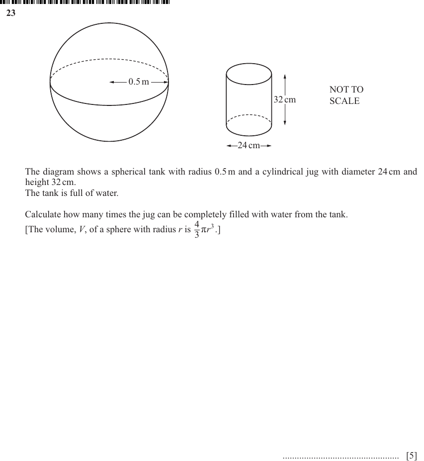 IGCSE Mathematics 0580 May/June 2024 Paper 13 Question 23 – Mensuration, Perimeter, Area and Volume, 5 marks