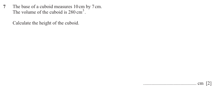 IGCSE Mathematics 0580 May/June 2024 Paper 13 Question 7 – Mensuration, Perimeter, Area and Volume, 2 marks