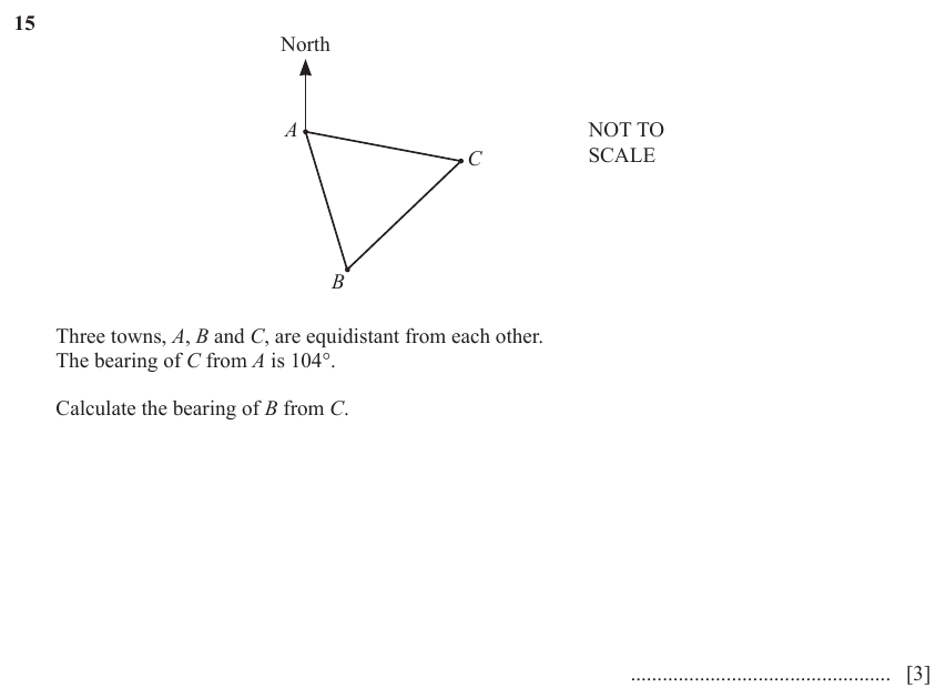 IGCSE 0580 Jun 2024 Paper 22 Question 15 — Three-figure bearings (Extended, 3 marks)