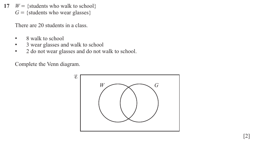 IGCSE 0580 Jun 2024 Paper 22 Question 17 — Sets and Venn Diagram (non calculator) (Extended, 2 marks)