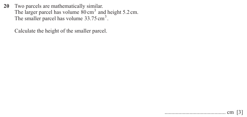 IGCSE Mathematics 0580 May/June 2024 Paper 22 Question 20 – Mensuration, Perimeter, Area and Volume, 3 marks