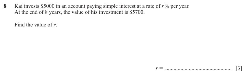 IGCSE Mathematics 0580 May/June 2024 Paper 22 Question 8 – Numbers, Simple and compound interest, 3 marks