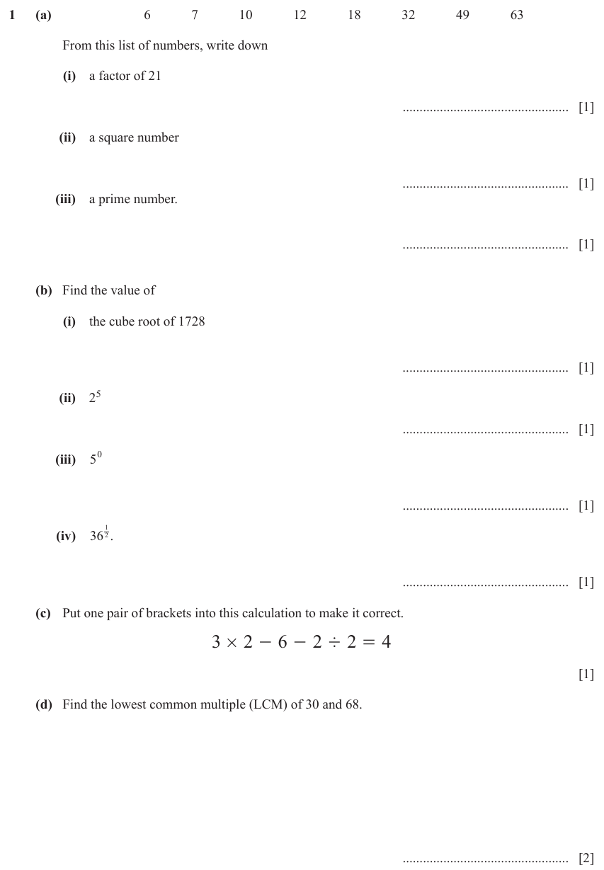 IGCSE Mathematics 0580 May/June 2024 Paper 32 Question 1 – Numbers, The four rules, 10 marks