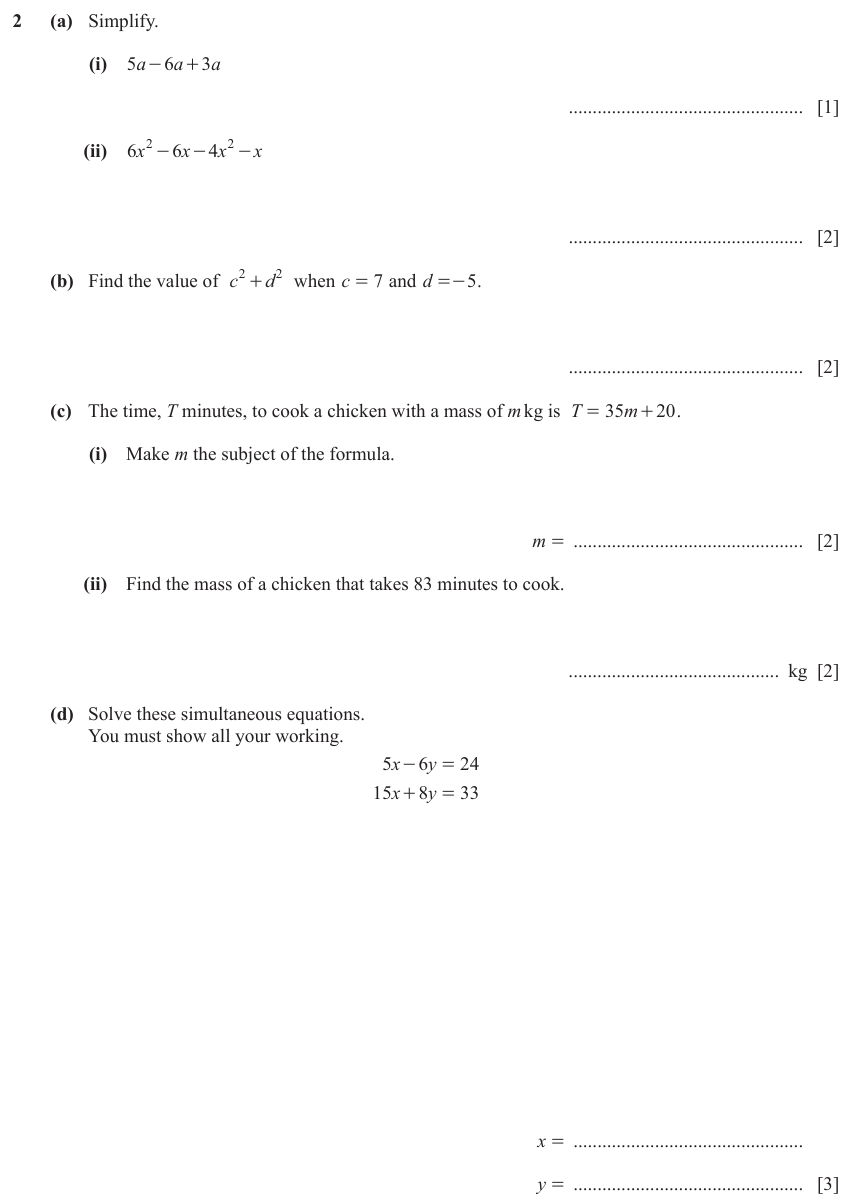 IGCSE Mathematics 0580 May/June 2024 Paper 32 Question 2 – Algebra, Basic algebra, 12 marks