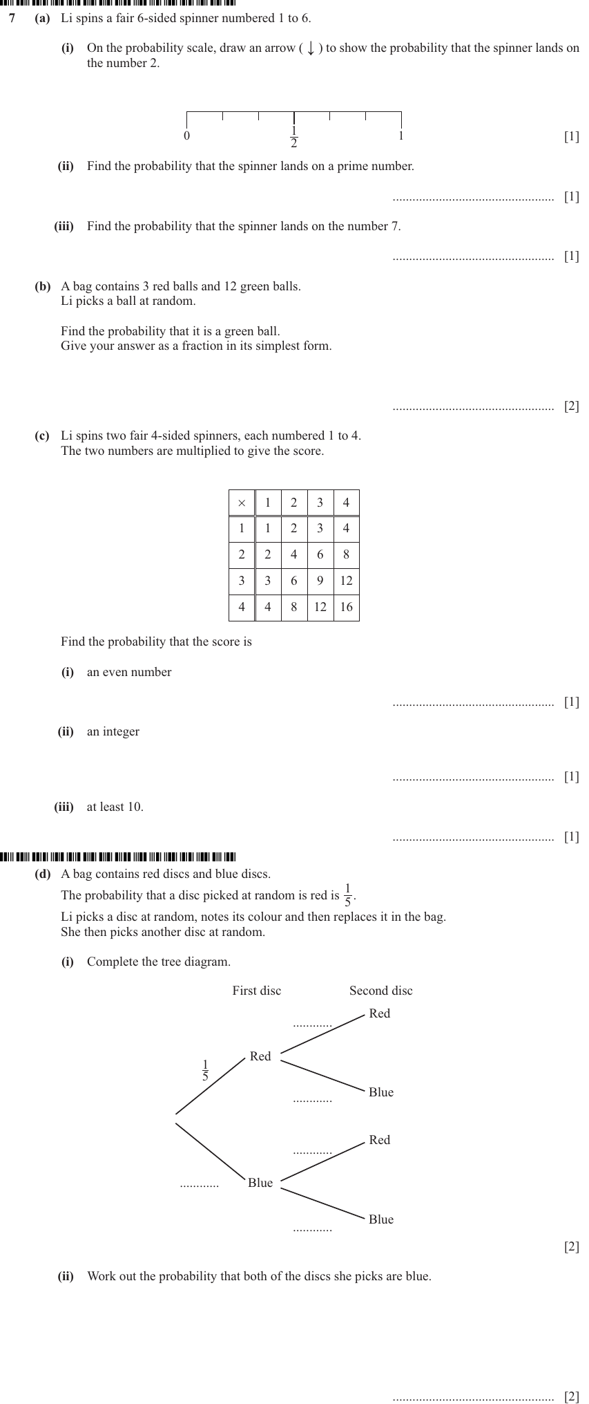 IGCSE Mathematics 0580 May/June 2024 Paper 33 Question 7 – Probability, General, 12 marks