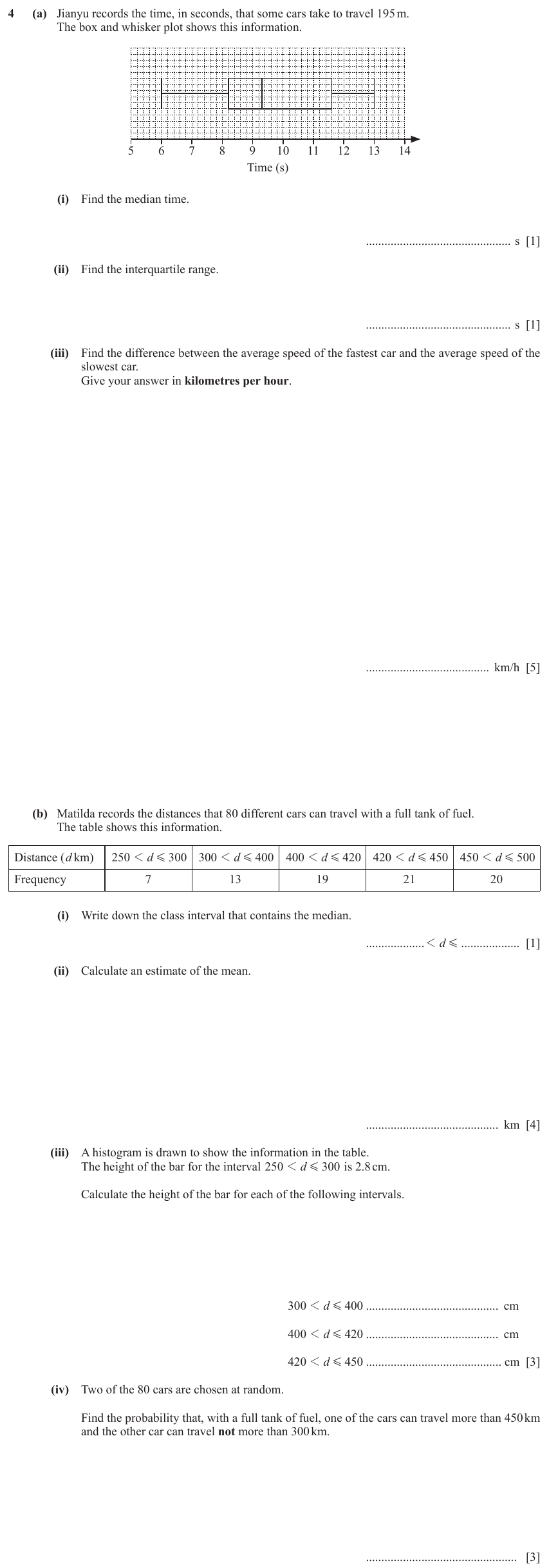 IGCSE Mathematics 0580 May/June 2024 Paper 41 Question 4 – Statistics, Averages (discrete data), 18 marks