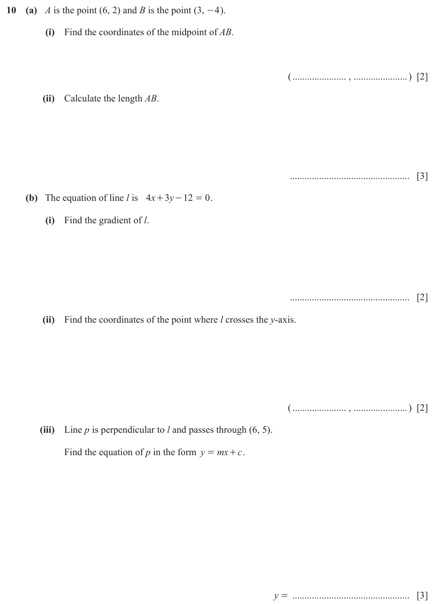 IGCSE 0580 Jun 2024 Paper 42 Question 10 — Length and midpoint (Extended, 12 marks)