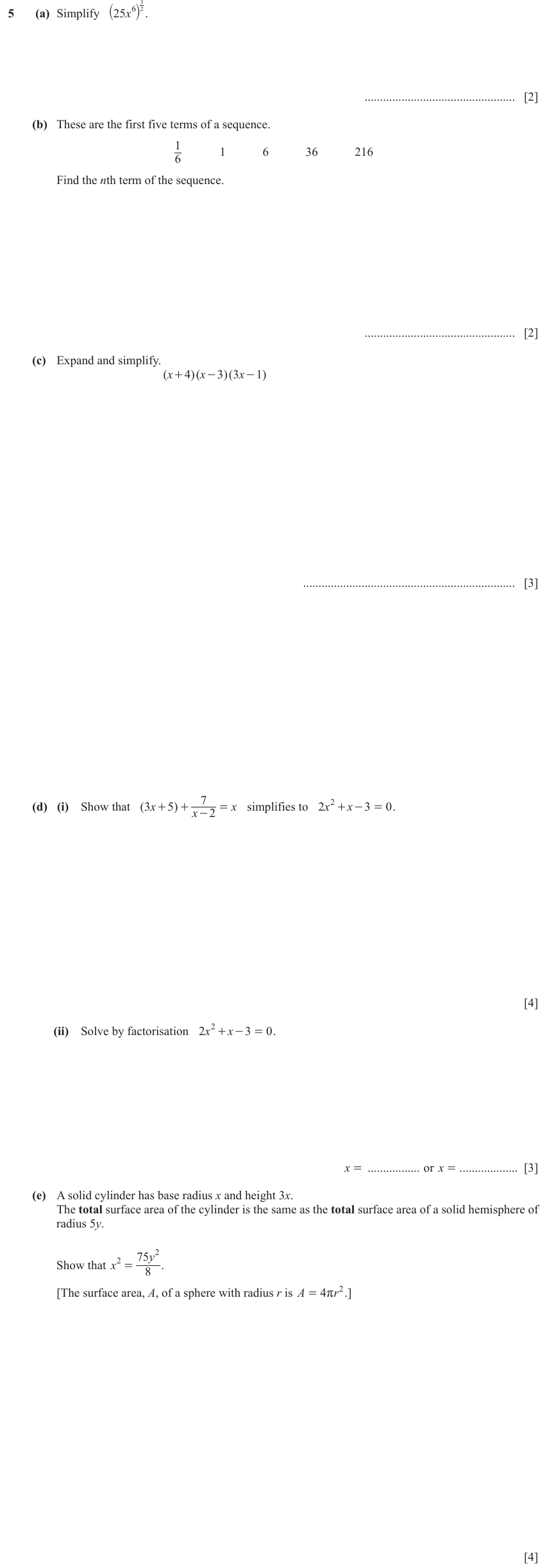 IGCSE Mathematics 0580 May/June 2024 Paper 42 Question 5 – Algebra, Basic algebra, 18 marks