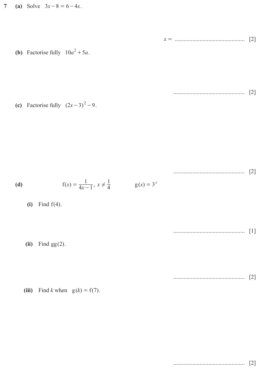 IGCSE Mathematics 0580 May/June 2024 Paper 42 Question 7 – Algebra, Basic algebra, 11 marks
