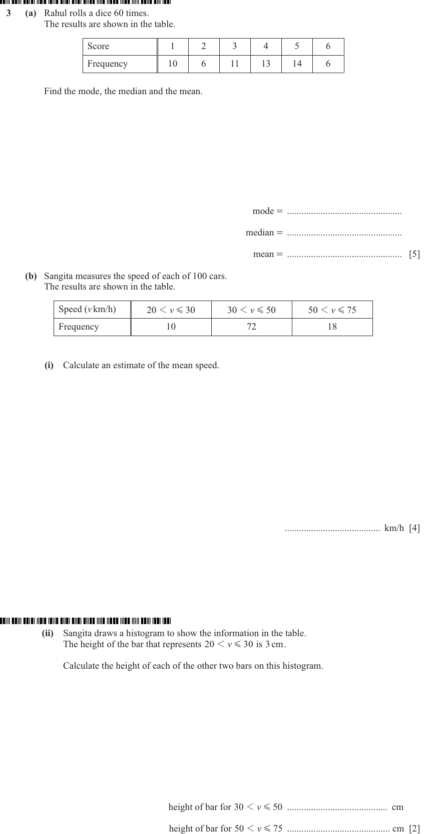 IGCSE Mathematics 0580 May/June 2024 Paper 43 Question 3 – Statistics, Averages (discrete data), 11 marks