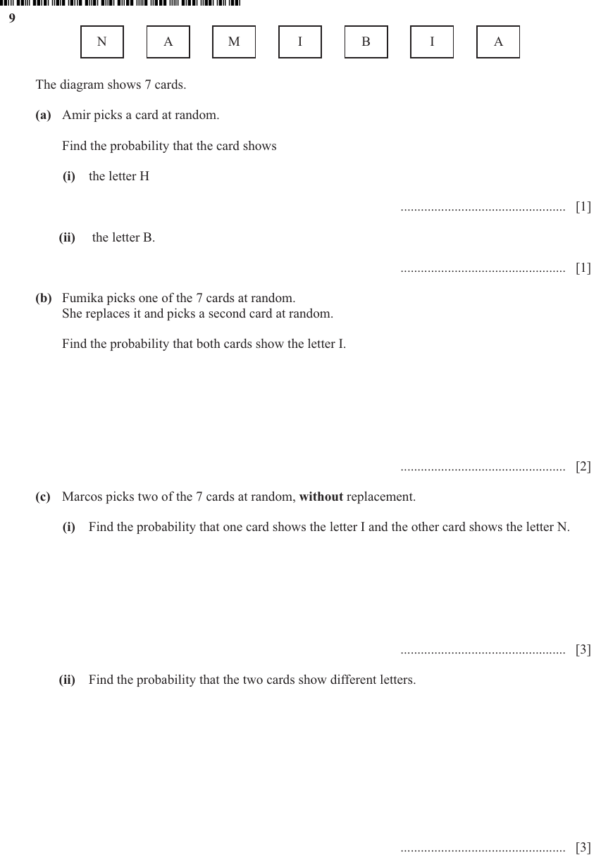 IGCSE Mathematics 0580 May/June 2024 Paper 43 Question 9 – Probability, General, 12 marks