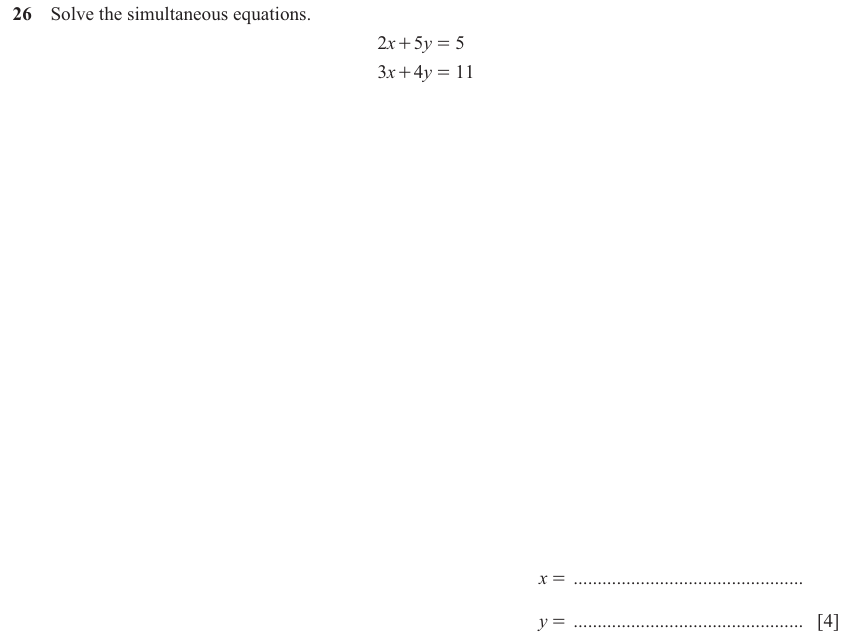 IGCSE 0580 Jun 2025 Paper 11 Question 26 — Simultaneous equations (Core, 4 marks)