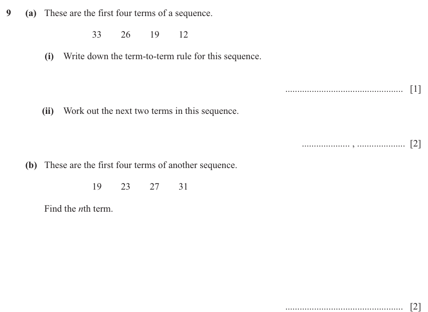 IGCSE 0580 Jun 2025 Paper 11 Question 9 — Sequences (Core, 5 marks)