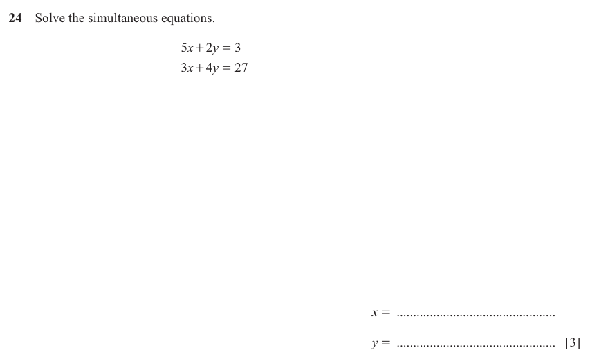 IGCSE 0580 Jun 2025 Paper 12 Question 24 — Simultaneous equations (Core, 3 marks)