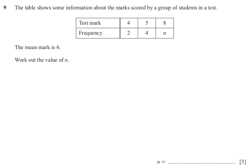 IGCSE 0580 Jun 2025 Paper 21 Question 9 — Averages (discrete data) (Extended, 3 marks)