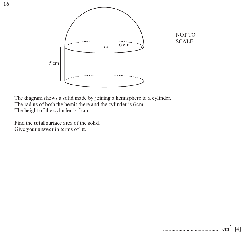 IGCSE Mathematics 0580 May/June 2025 Paper 22 Question 16 – Mensuration, Perimeter, Area and Volume, 4 marks