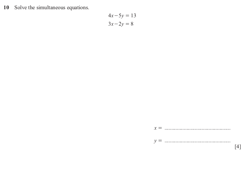 IGCSE 0580 Jun 2025 Paper 23 Question 10 — Simultaneous equations (Extended, 4 marks)