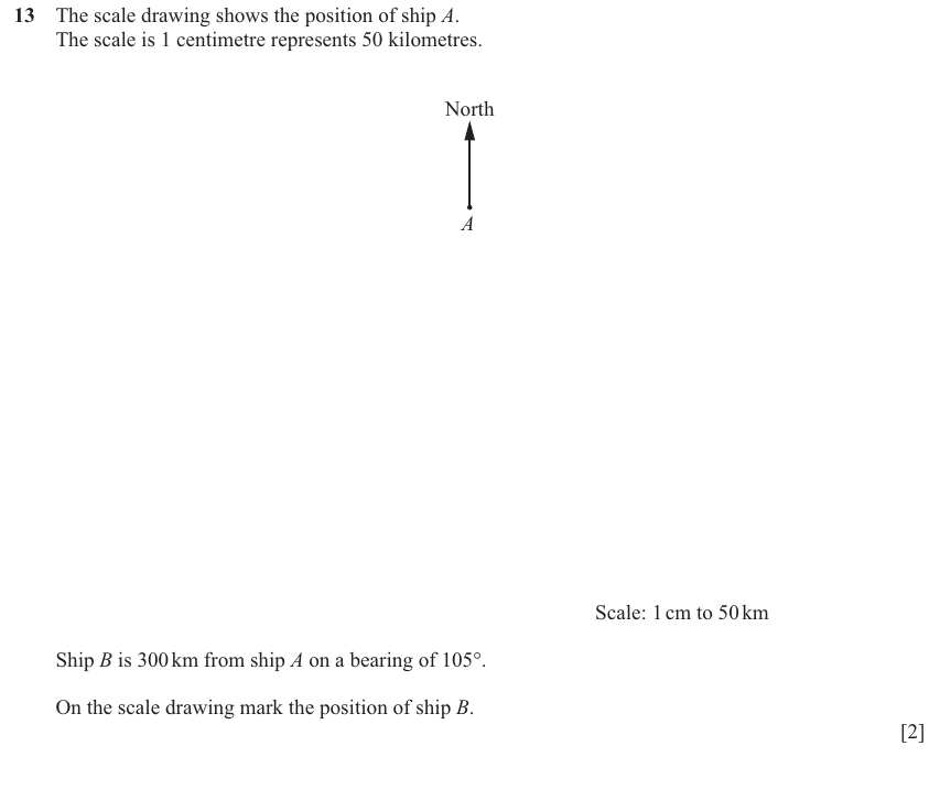 IGCSE 0580 Jun 2025 Paper 31 Question 13 — Three-figure bearings (Core, 2 marks)