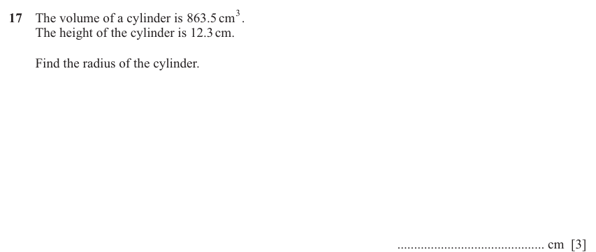 IGCSE Mathematics 0580 May/June 2025 Paper 31 Question 17 – Mensuration, Perimeter, Area and Volume, 3 marks