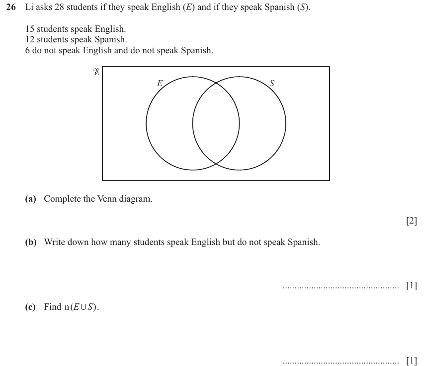 IGCSE 0580 Jun 2025 Paper 31 Question 26 — Sets and Venn Diagram (non calculator) (Core, 4 marks)