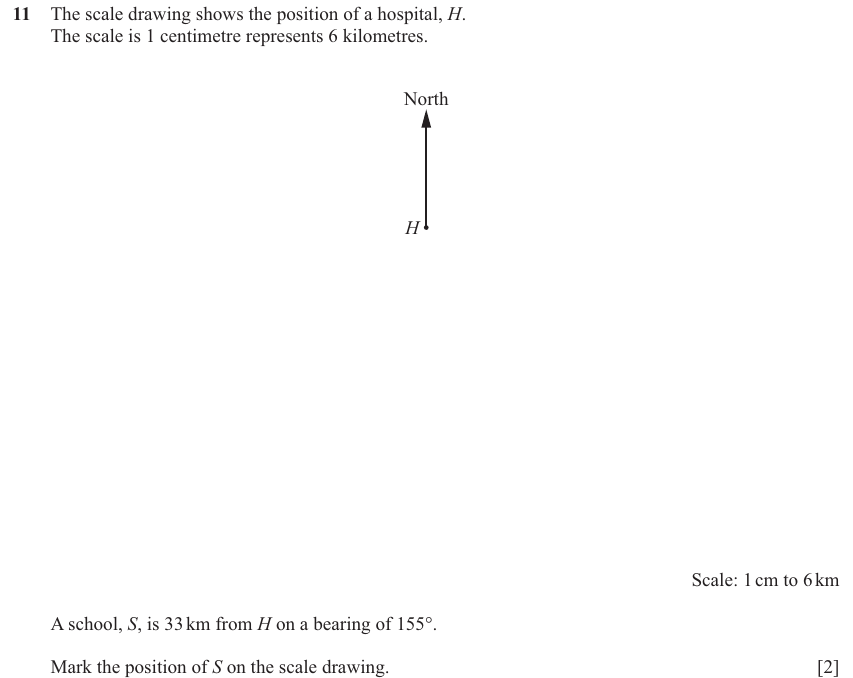 IGCSE 0580 Jun 2025 Paper 32 Question 11 — Three-figure bearings (Core, 2 marks)