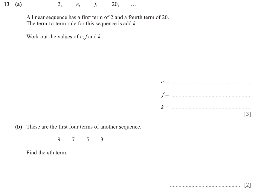 IGCSE 0580 Jun 2025 Paper 32 Question 13 — Sequences (Core, 5 marks)
