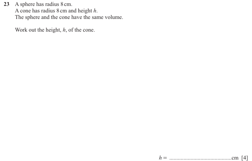 IGCSE 0580 Jun 2025 Paper 32 Question 23 — Perimeter, Area and Volume (Core, 4 marks)